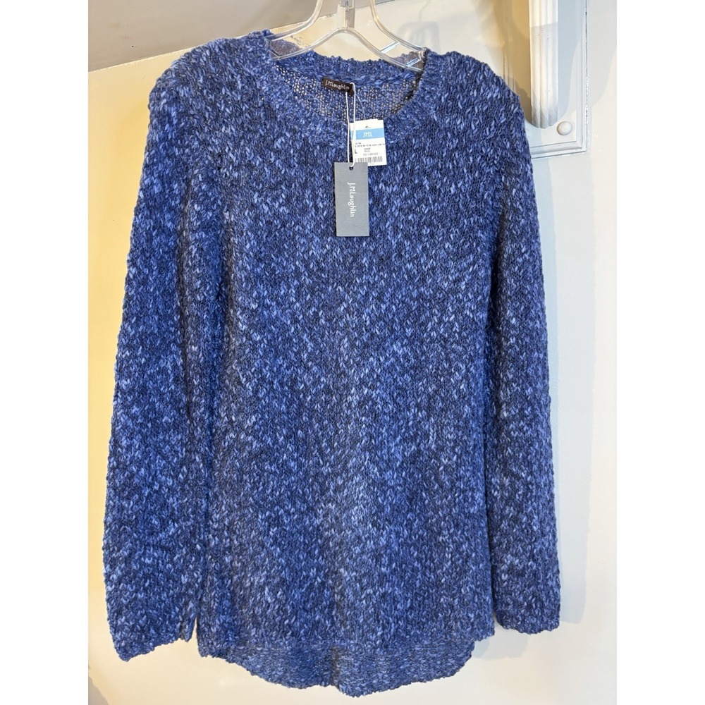 NWT J MCLAUGHLIN Blue Cotton Blend Crew Neck Sweater L Loose Weave Beach
